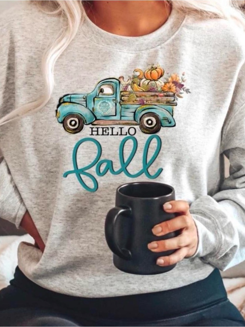 Tultex Heather Gray Sweatshirt with Teal Vintage Truck and Fall Graphic